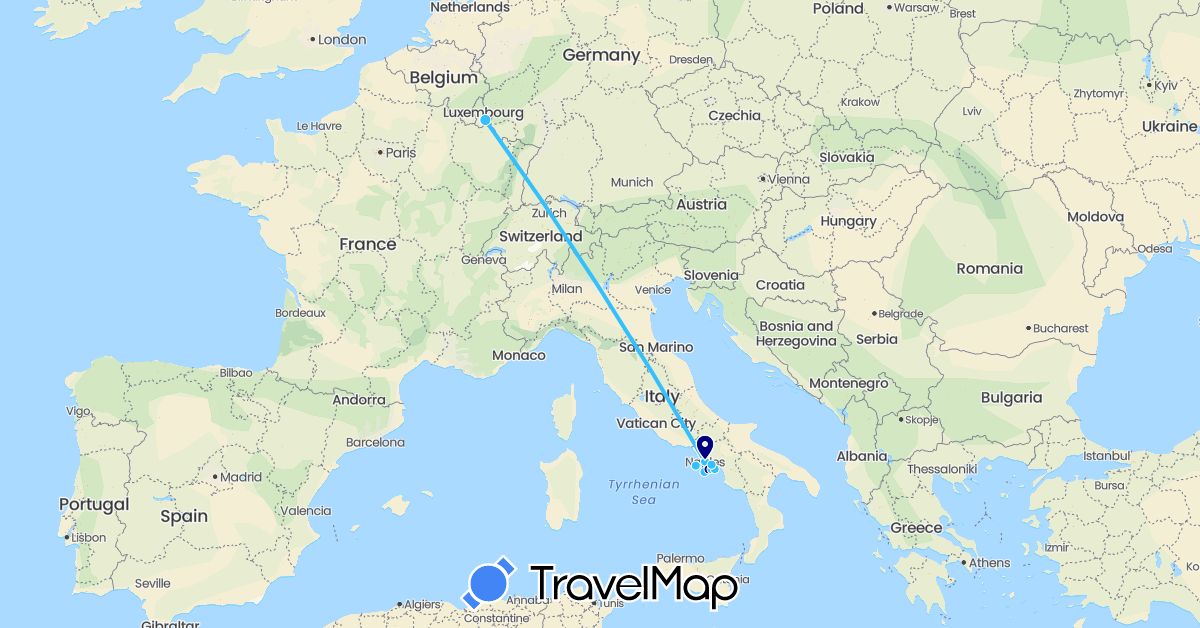 TravelMap itinerary: driving, plane, boat in Italy, Luxembourg (Europe)